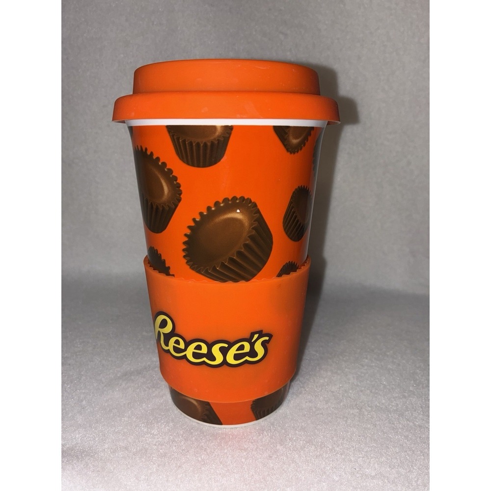 Reese's Ceramic Travel Tumbler 14oz Silicone Lid & Sleeve Galerie Licensed New
